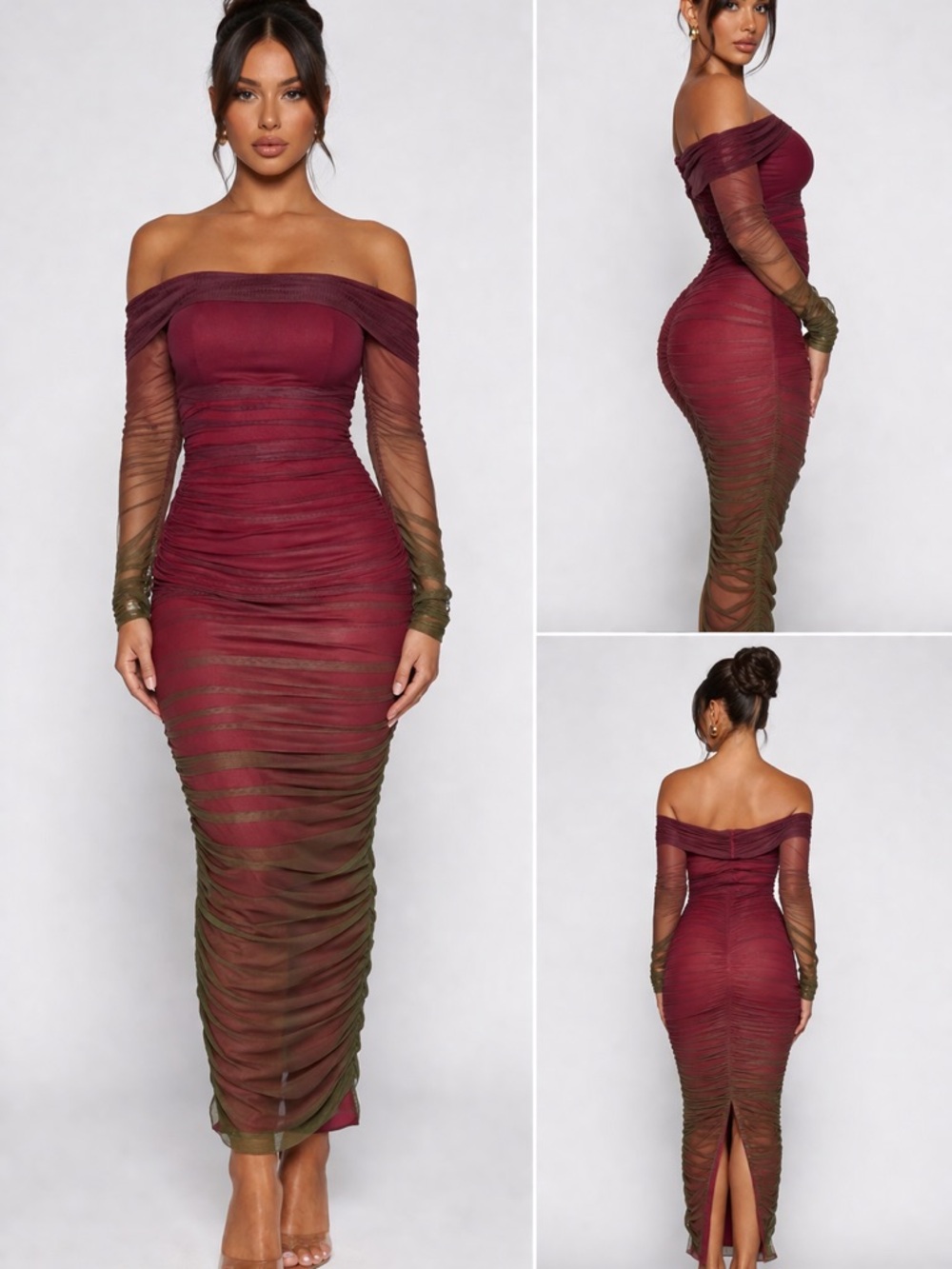 Off-Shoulder Burgundy to Olive Ombre Ruched Bodycon Dress